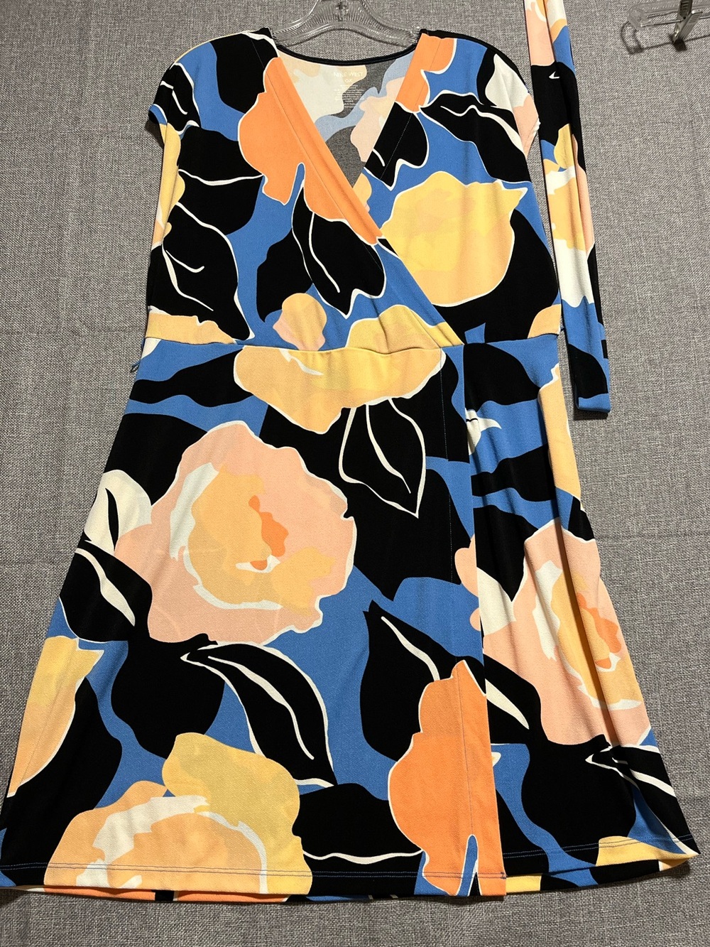 Nine West Floral Wrap Midi Dress in Blue, Black & Peach